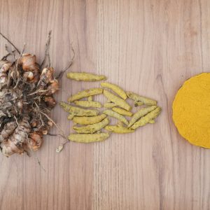 Turmeric root, dried pieces and powder